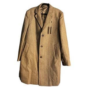 Michael Kors Men Classic Fit Herringbone Wool Blend Top Coat Brown Tan Size L